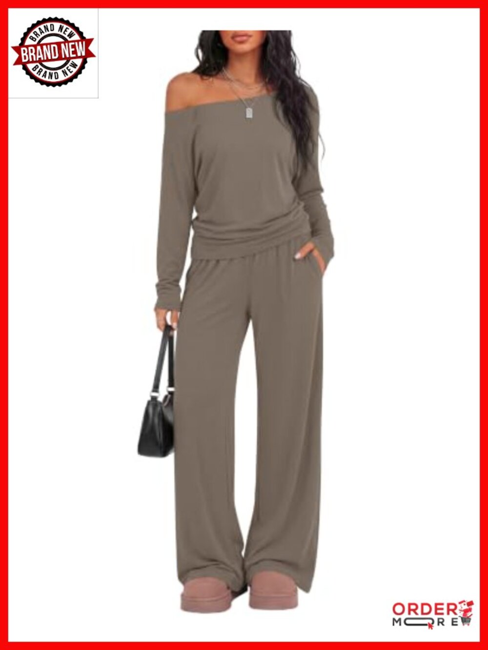 Lounge Set 2 Piece Off Shoulder Long Sleeve Top Wide Leg Pants Rayon Spandex